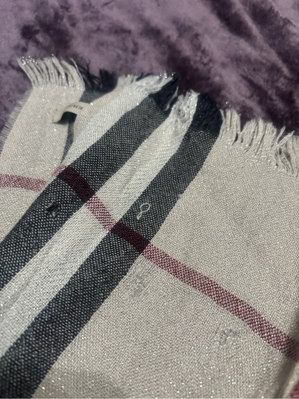 Burberry Checked scarf/ Wrap in Cream, Black and Red Accent